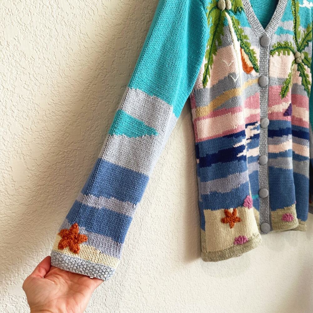 VTG Storybook Knits Cardigan Small Novelty Beach Tropical Coastal 3D Crochet - Picture 5 of 11